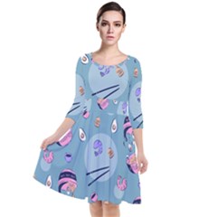 Japanese Ramen Sushi Noodles Rice Bowl Food Pattern 2 Quarter Sleeve Waist Band Dress by DinzDas