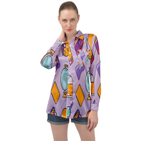Back To School And Schools Out Kids Pattern Long Sleeve Satin Shirt by DinzDas