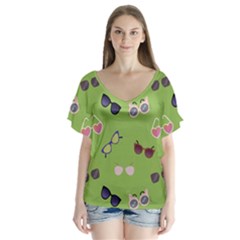 Sunglasses Funny V-neck Flutter Sleeve Top by SychEva