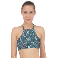 Folk Flowers Art Pattern Floral Abstract Surface Design  Seamless Pattern Racer Front Bikini Top by Eskimos