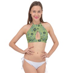 Folk Flowers Art Pattern Cross Front Halter Bikini Top by Eskimos