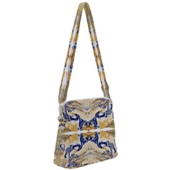 Gold On Blue Symmetry Zipper Messenger Bag by kaleidomarblingart