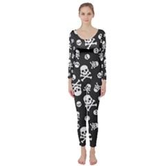 Skull And Cross Bone On Black Background Long Sleeve Catsuit by AnkouArts