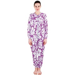 White Hawaiian Flowers On Purple Onepiece Jumpsuit (ladies)  by AnkouArts