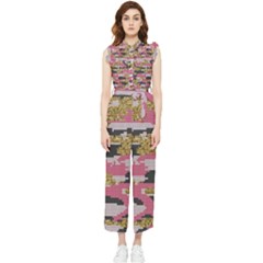 Abstract Glitter Gold, Black And Pink Camo Women s Frill Top Jumpsuit by AnkouArts