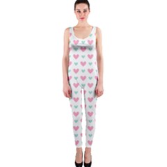 Pink Hearts One White Background One Piece Catsuit by AnkouArts