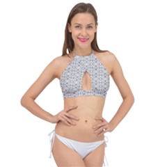 Modern Tribal Black And White Ornate Stripes Cross Front Halter Bikini Top by dflcprintsclothing