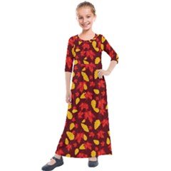Autumn Pattern,oak And Maple On Burgundy Kids  Quarter Sleeve Maxi Dress by Daria3107