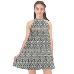 Abstract Silver Ornate Decorative Pattern Halter Neckline Chiffon Dress  by dflcprintsclothing