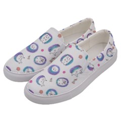 Cute And Funny Purple Hedgehogs On A White Background Men s Canvas Slip Ons by SychEva