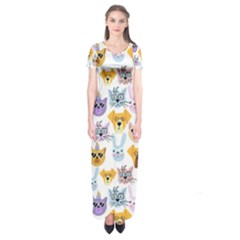 Funny Animal Faces With Glasses On A White Background Short Sleeve Maxi Dress by SychEva