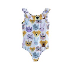 Funny Animal Faces With Glasses On A White Background Kids  Frill Swimsuit by SychEva