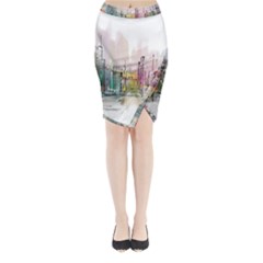 Drawing-watercolor-painting-city Midi Wrap Pencil Skirt by Sudhe