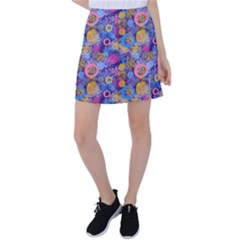 Multicolored Splashes And Watercolor Circles On A Dark Background Tennis Skirt by SychEva
