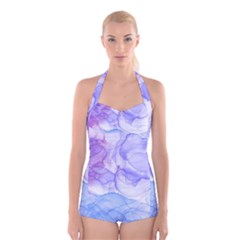 Purple And Blue Alcohol Ink  Boyleg Halter Swimsuit  by Dazzleway