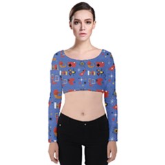 Blue 50s Velvet Long Sleeve Crop Top by NerdySparkleGoth
