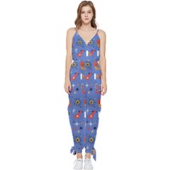 Blue 50s Sleeveless Tie Ankle Jumpsuit by NerdySparkleGoth