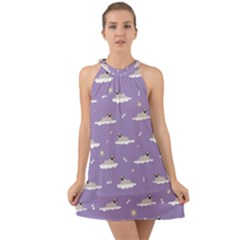Cheerful Pugs Lie In The Clouds Halter Tie Back Chiffon Dress by SychEva