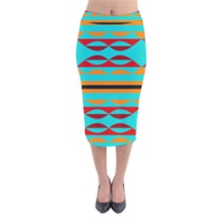 Shapes On A Blue Background Velvet Midi Pencil Skirt by LalyLauraFLM