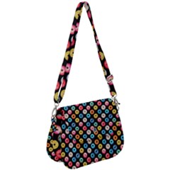Multicolored Donuts On A Black Background Saddle Handbag by SychEva