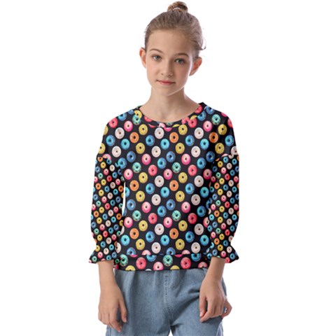 Multicolored Donuts On A Black Background Kids  Cuff Sleeve Top by SychEva