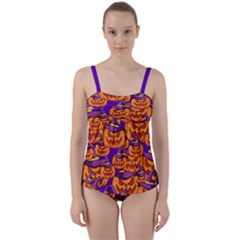 Purple And Orange Pumpkins, Crazy Halloween Pattern, Jack O  Lantern Twist Front Tankini Set by Casemiro