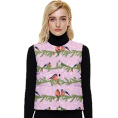 Bullfinches Sit On Branches On A Pink Background Women s Short Button Up Puffer Vest