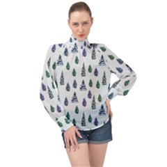Coniferous Forest High Neck Long Sleeve Chiffon Top by SychEva