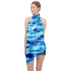 Blue Waves Abstract Series No4 Halter Asymmetric Satin Top by DimitriosArt