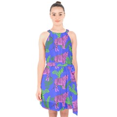 Pink Tigers On A Blue Background Halter Collar Waist Tie Chiffon Dress by SychEva