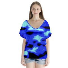 Blue Waves Abstract Series No11 V-neck Flutter Sleeve Top by DimitriosArt