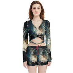 Fractal Velvet Wrap Crop Top And Shorts Set by Sparkle