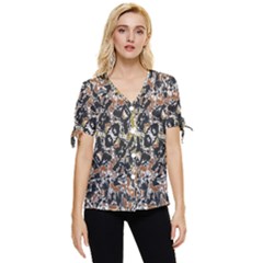 Modern Camo Tropical Print Design Bow Sleeve Button Up Top by dflcprintsclothing
