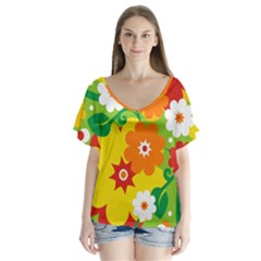 Flower Power Wallpaper Green Yellow Orange Red V-neck Flutter Sleeve Top by EDDArt
