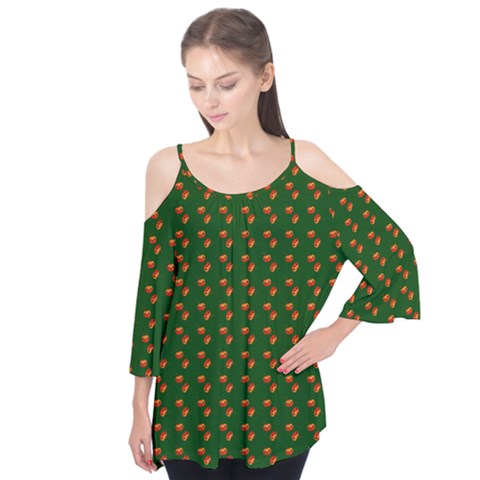 Kawaii Pumpkin Patt Green Flutter Sleeve Tee  by violetheavensky