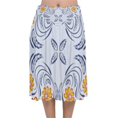 Floral Folk Damask Pattern Fantasy Flowers  Velvet Flared Midi Skirt by Eskimos