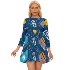 Seamless-pattern-vector-submarine-with-sea-animals-cartoon Long Sleeve Babydoll Dress by Jancukart