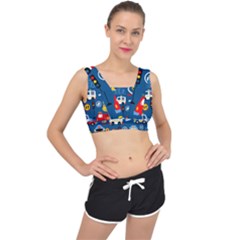Seamless-pattern-vector-rescue-team-cartoon V-back Sports Bra by Jancukart