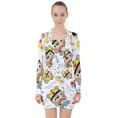 Vector-seamless-pattern-cute-fishing-animals-cartoon V-neck Bodycon Long Sleeve Dress by Jancukart