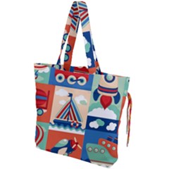 Toy-transport-cartoon-seamless-pattern-with-airplane-aerostat-sail-yacht-vector-illustration Drawstring Tote Bag by Jancukart