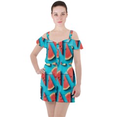 Watermelon Blue Background Ruffle Cut Out Chiffon Playsuit by artworkshop
