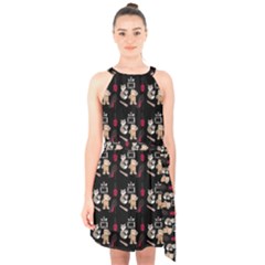 Cat Pattern Halter Collar Waist Tie Chiffon Dress by Sparkle