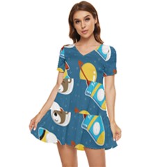 Seamless-pattern-vector-with-spacecraft-funny-animals-astronaut Tiered Short Sleeve Babydoll Dress by Jancukart
