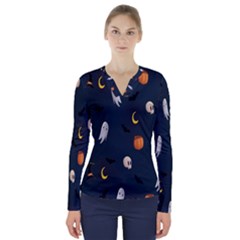 Halloween Ghost Pumpkin Bat Skull V-neck Long Sleeve Top by artworkshop