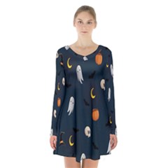 Halloween Ghost Pumpkin Bat Skull Long Sleeve Velvet V-neck Dress by artworkshop