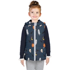 Halloween Ghost Pumpkin Bat Skull Kids  Hooded Puffer Vest by artworkshop