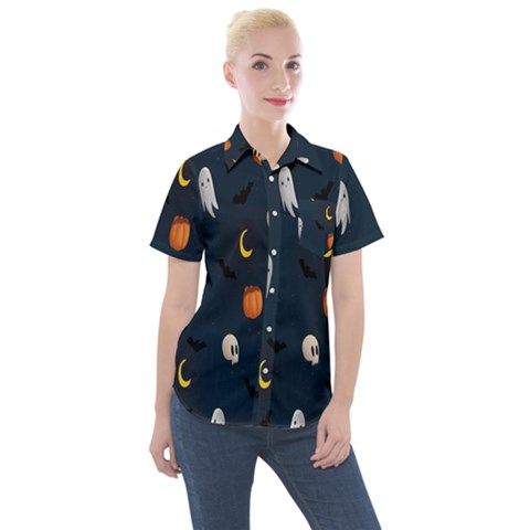 Halloween Ghost Pumpkin Bat Skull Women s Short Sleeve Pocket Shirt by artworkshop