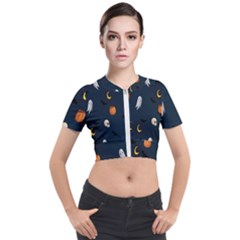 Halloween Ghost Pumpkin Bat Skull Short Sleeve Cropped Jacket by artworkshop