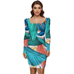Leaves Tropical Exotic Women Long Sleeve Ruched Stretch Jersey Dress by artworkshop