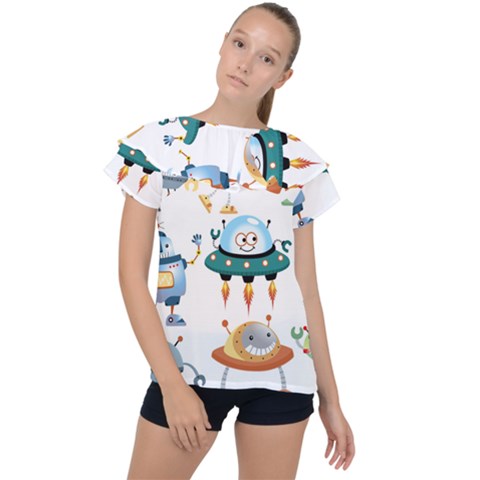 Vector-set-funny-robots-cartoon Ruffle Collar Chiffon Blouse by Jancukart